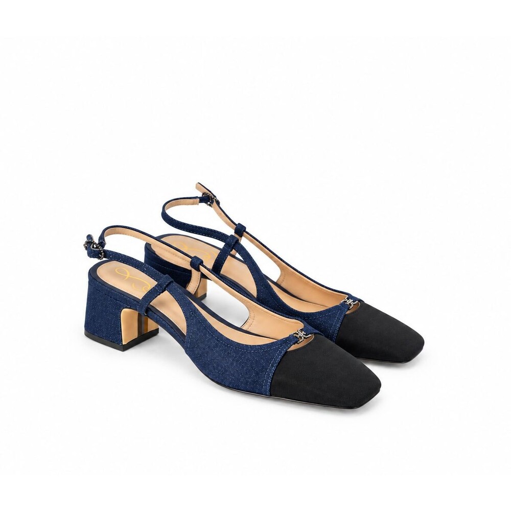 Sam Edelman Navy Denim Slingback Heels Women 9.5 Black Cap Toe Block Heel